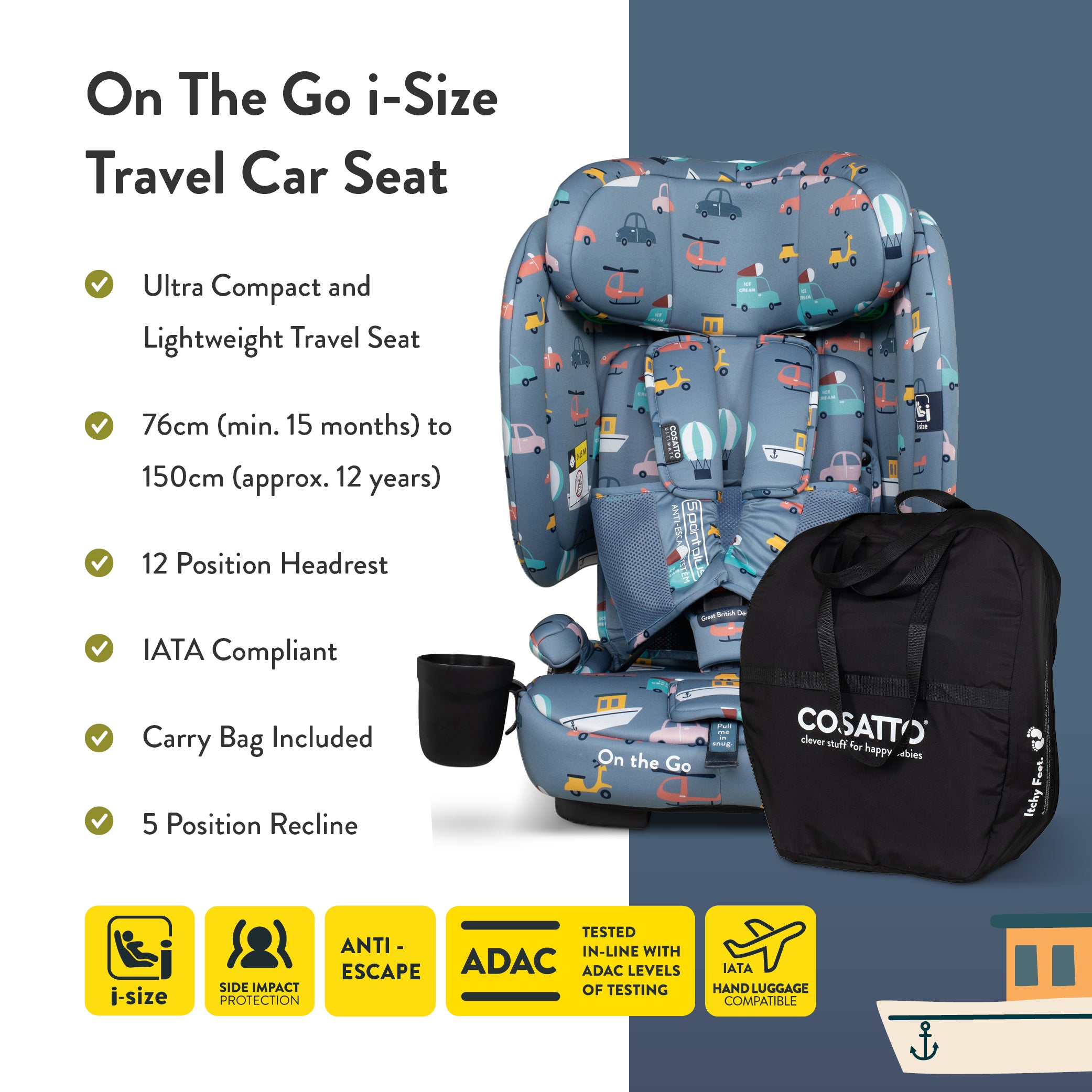 On The Go i-Size Travel Car Seat Itchy Feet Sky